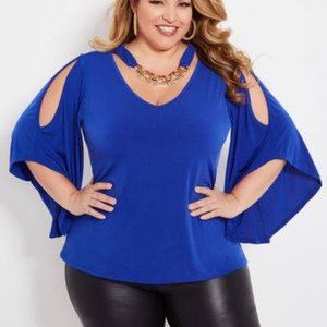 EUC. Ashley Stewart blue blouse with attached chain necklace size 18